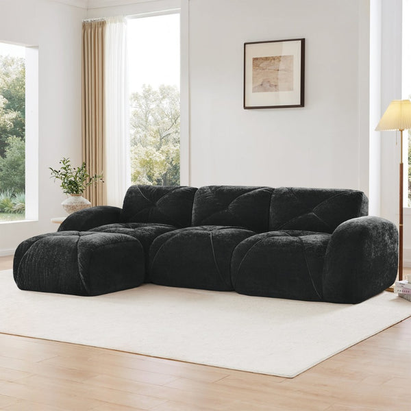 English Elm L-shaped Velvet Sectional Sofa Tufted Modular Seating with Ottoman for Living Room Black W714S01627
