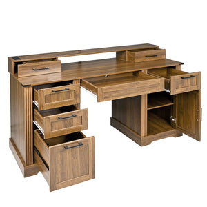 English Elm 59" Fluted Oak L-shaped Corner Desk with Charging Station Monitor Stand and File Storage Dark Walnut W2917S00007