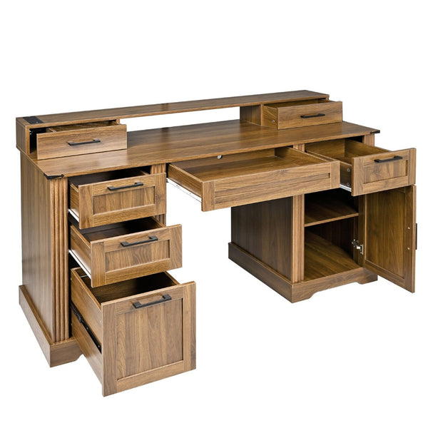 English Elm 59" Fluted Oak L-shaped Corner Desk with Charging Station Monitor Stand and File Storage Dark Walnut W2917S00007