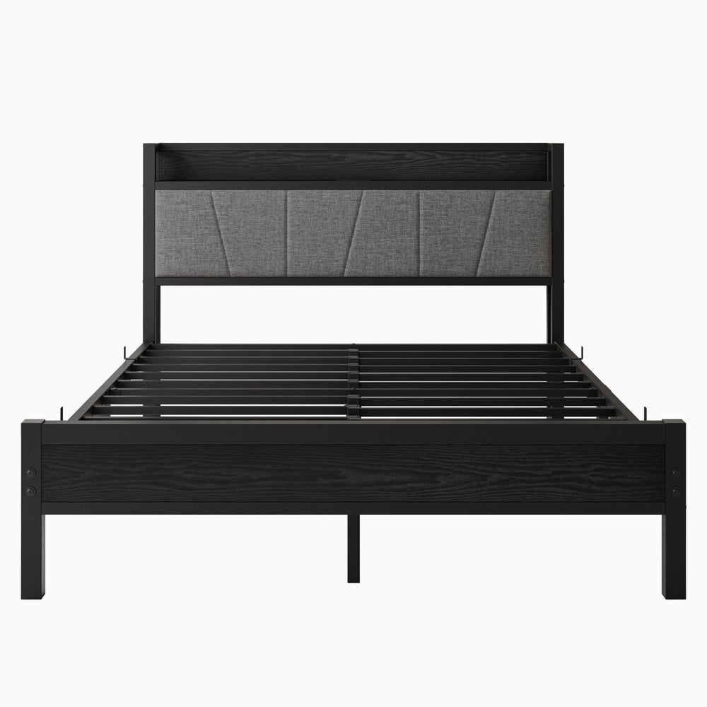 English Elm Queen Upholstered Storage Bed Frame with Charging Station, 11 Metal Slats, No Box Spring Needed W840P195212