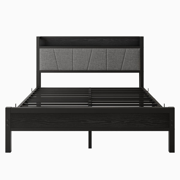 English Elm Queen Upholstered Storage Bed Frame with Charging Station, 11 Metal Slats, No Box Spring Needed W840P195212