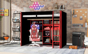 English Elm Full Size Loft Bed with Rgb Lighting Desk Open Wardrobe and Storage for Gaming Rooms Red LT000277AAR