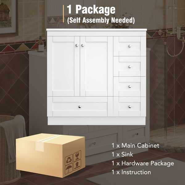 English Elm 36 36" Modern Shaker Bathroom Vanity with Ceramic Sink, Soft-Close Drawers & Doors, Durable Handles White N729P288872K