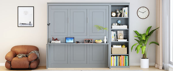 English Elm Queen Size Murphy Bed With Integrated Desk & Bookshelf – Stylish Gray Space-Saving Solution! N7090004016E-GIGA