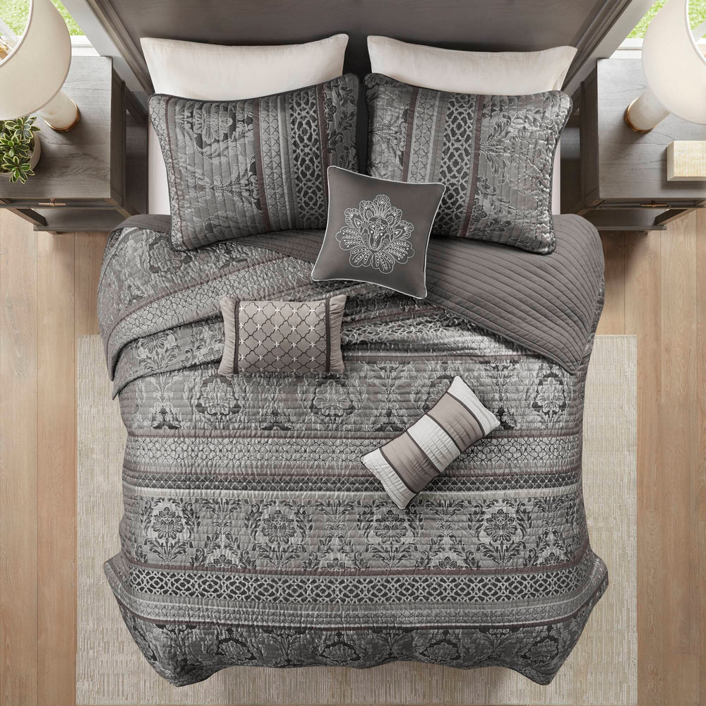 JLA Home Madison Park - 6 Piece Jacquard Quilt Set with Throw Pillows — Reversible Luxe Texture, Leaf & Ironwork Motifs, Hotel-Style Elegance Grey MP13-8781