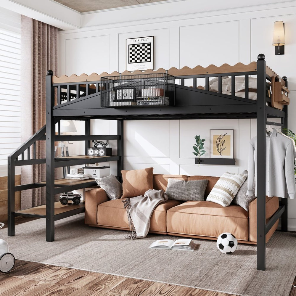 English Elm Full Size Metal Loft Bed with Stair Storage Shelves Bookshelf for Dorms Bedroom W1580S00378