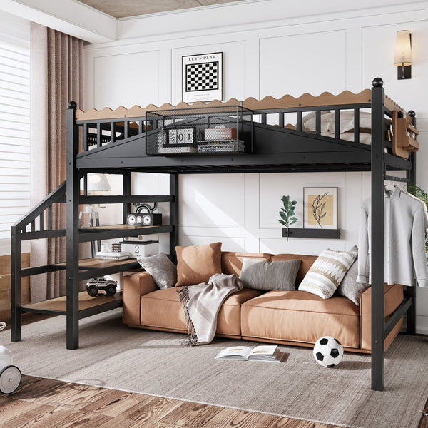 English Elm Full Size Metal Loft Bed with Stair Storage Shelves Bookshelf for Dorms Bedroom W1580S00378