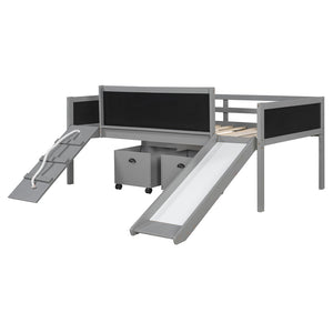 English Elm Twin Kids Loft Bed Solid Pine Frame with Slide Chalkboard and Climbing Rope Play Zone Gray N708P340493E