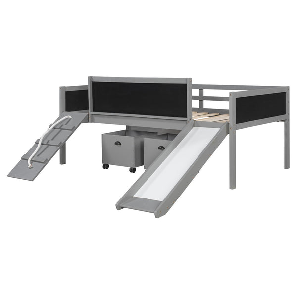 English Elm Twin Kids Loft Bed Solid Pine Frame with Slide Chalkboard and Climbing Rope Play Zone Gray N708P340493E