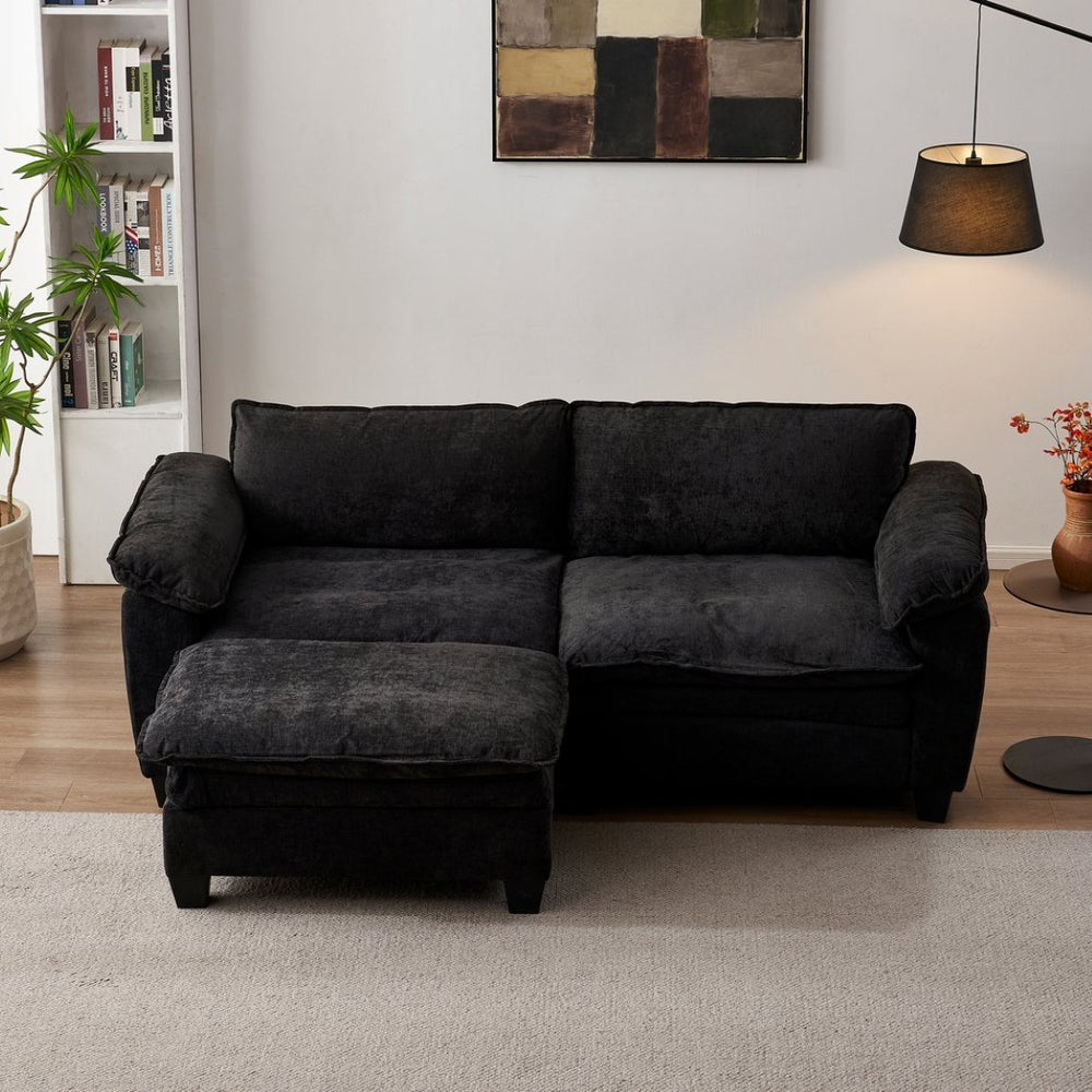 English Elm Living Room Chenille Loveseat with Detachable Ottoman Pocket Coil Cushions Cozy Sectional Black W1097S00239