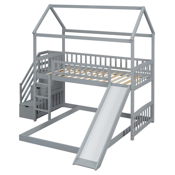 English Elm Twin Over Full Bunk Bed Playhouse Frame with Slide Staircase and Storage Drawers LT100129AAE