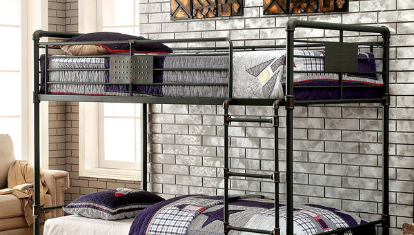 English Elm Industrial Bunk Bed Twin Over Twin Metal Pipe Frame with Built-In Ladder, Guard Rails, Rustic Accent Antique Black 73 L x 43 W x 7 H B2741P352530