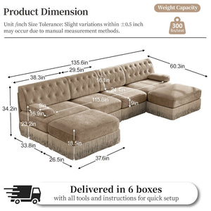 English Elm 4-seater Modular Sectional with Ottomans Tufted Fleece Sofa Tassel Skirt Retro Luxe Camel W714S01701
