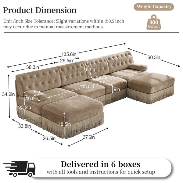 English Elm 4-seater Modular Sectional with Ottomans Tufted Fleece Sofa Tassel Skirt Retro Luxe Camel W714S01701
