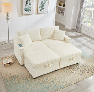 English Elm Comfortable Plush Corduroy Sofa with Hidden Storage Ottoman, USB Charging and Lift-Up Tabletop White W3705S00011