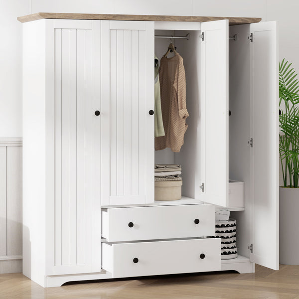 English Elm 4 Door Wardrobe Armoire Closet with 2 Drawers Rustic Pine & MDF Storage Cabinet with Shelves and Hanging Space White N7090001842K