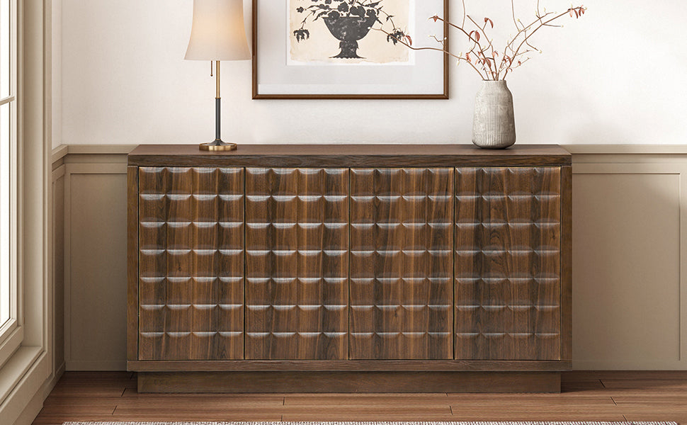 English Elm Christopher Knight Home® - Modern 4-Door Storage Cabinet with 3D Geometric Doors, Metal Trim, Durable MDF Top, 61.25"L x19"W x12.2"H Brown N760P324554D