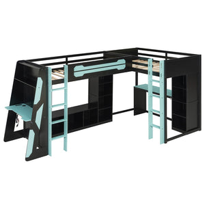 English Elm L-shaped Gaming Loft Bunk Bed Twin Wood Frame Rgb Lighting Usb Ports Storage Shelves Blue LT000295AAC