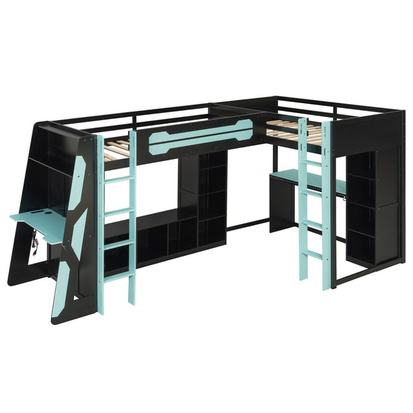 English Elm L-shaped Gaming Loft Bunk Bed Twin Wood Frame Rgb Lighting Usb Ports Storage Shelves Blue LT000295AAC