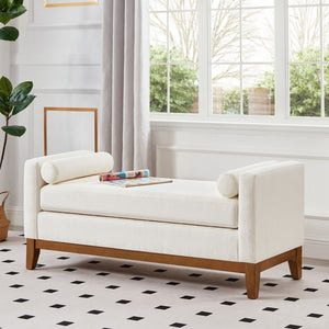 English Elm Large Boucle Upholstered Window Bench with Armrests and Throw Pillows for Entryway Ivory W2186P454317