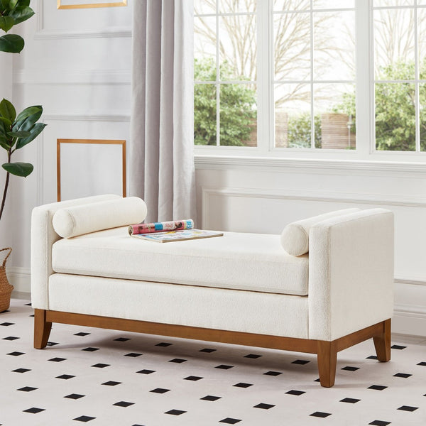 English Elm Large Boucle Upholstered Window Bench with Armrests and Throw Pillows for Entryway Ivory W2186P454317
