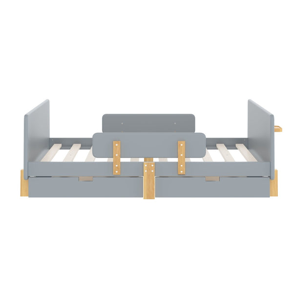 English Elm Twin Low Profile Kids Floor Bed Pine Wood Frame with Safety Rail and Built in Bookshelf Gray W1580P373246