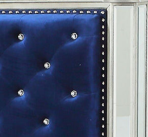 English Elm Varian Queen Bed Blue Velvet Tufted Frame with Mirrored Panels Geometric Glam Detail B2726S00575