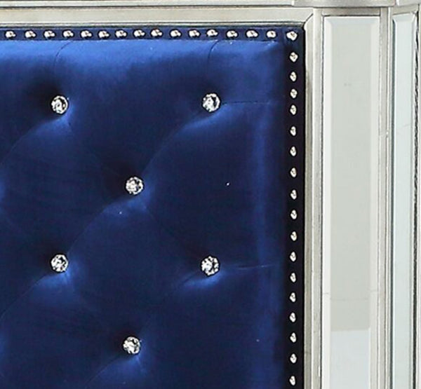 English Elm Varian Queen Bed Blue Velvet Tufted Frame with Mirrored Panels Geometric Glam Detail B2726S00575