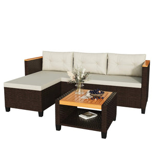 English Elm 3-piece Outdoor Pe Rattan L-shaped Sectional with Acacia Storage Table for Patio Beige+Brown B082P455128