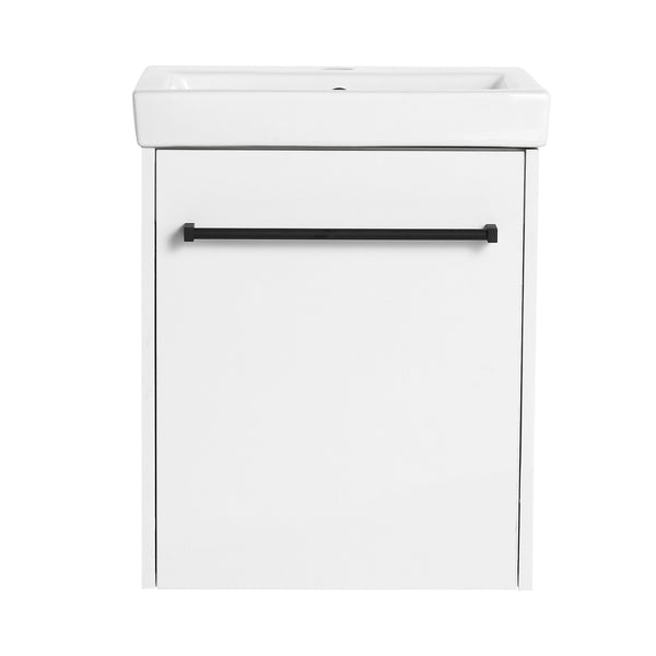 English Elm 18'' Floating Wall-Mounted Bathroom Vanity with Ceramic Sink, Soft-Close Door & Space-Saving Design Glossy White W999P236348