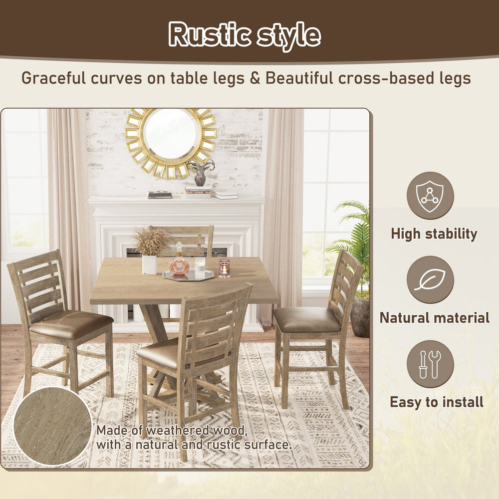 English Elm Set of 2 Rustic Solid Wood Counter Chairs with Upholstered Cushions Grayish Brown Modern Ladderback W2537P168503