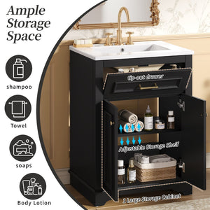 English Elm 24" Matte Single Sink Vanity Solid Poplar Frame Gold Hardware Soft Close Cabinet Black N710P389449B