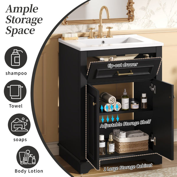 English Elm 24" Matte Single Sink Vanity Solid Poplar Frame Gold Hardware Soft Close Cabinet Black N710P389449B