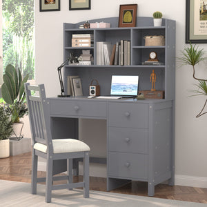 English Elm Vintage 40'' Home Executive Desk Set with Upholstered Chair and Built-In Bookshelf for Stylish Productivity Gray 44 L x 23 W x 13.5 H N733P272894E