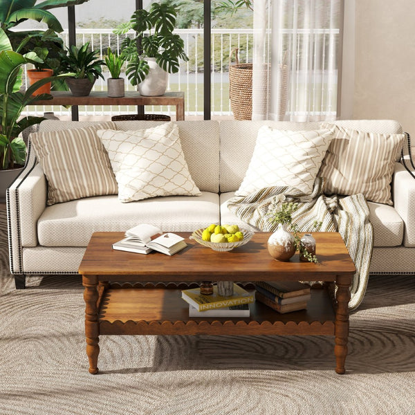 English Elm Rectangle Two Tier Farmhouse Coffee Table Solid Wood Legs Wave Shelf for Living Room W2263P426698