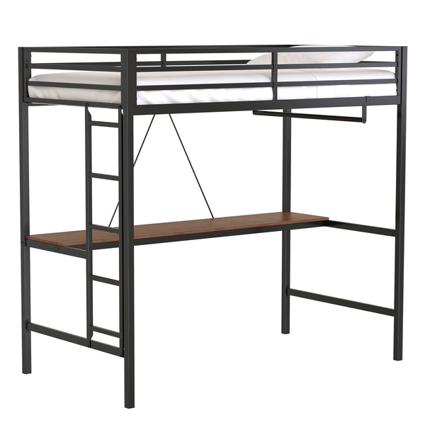 English Elm Adam Sturdy Twin Loft Bed In Black With Cinnamon Desk & Closet Rod - Perfect Space-Saving Solution! B083P154274