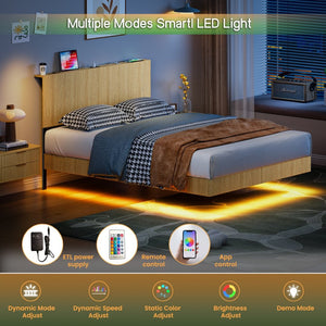 English Elm Oak Queen Floating Bed Walnut Finish Wavy Headboard Led Lighting Built in Charging W1820P407906