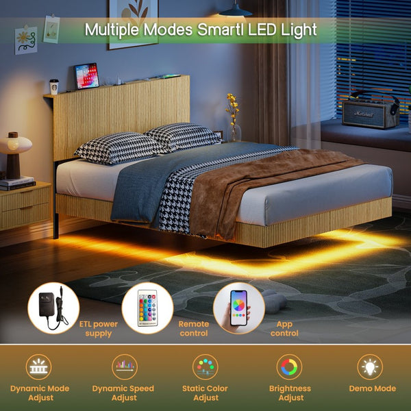 English Elm Oak Queen Floating Bed Walnut Finish Wavy Headboard Led Lighting Built in Charging W1820P407906