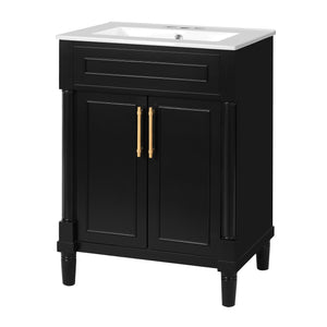 English Elm 24" Bathroom Vanity with Integrated Ceramic Sink and Adjustable Shelf, Vintage Hardware, Space-Saving Design Black N710P277711B