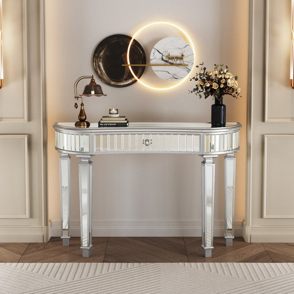 English Elm 47" Half-Moon Mirrored Console Table with Fluted Glass Panels, Crystal Knob Drawer, Chic Vanity Desk Grey+Silver W1445P322849
