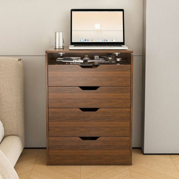 English Elm 3-in-1 Walnut Vanity Desk with Led Lighted Flip Mirror Stool Compact Bedroom Station W2699P404629