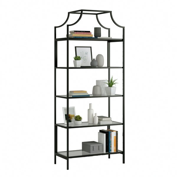 English Elm Bookcase, Sleek Black Engineered Wood With Glass Shelves - Modern Storage Solution For Any Space B356P402777