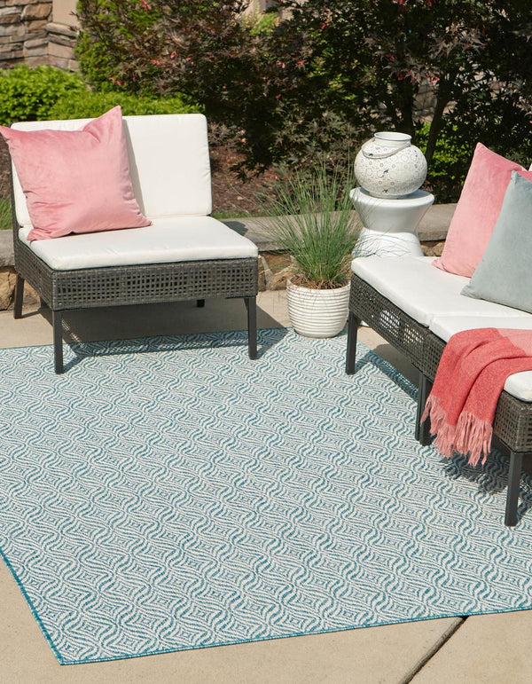 Unique Loom Outdoor Trellis Deco Trellis Machine Made Trellis Rug Aqua, Ivory 6' 1" x 9' 0"