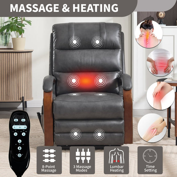English Elm Power Lift Recliner with Dual Motor Heat Massage Leatheraire and Solid Wood Arms W1803S00081