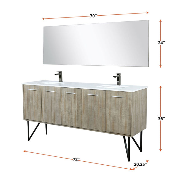 English Elm Rustic Acacia Double Bath Vanity With White Quartz Top, Gun Metal Faucet & 70" Mirror For Elegance B2731S01673-GIGA