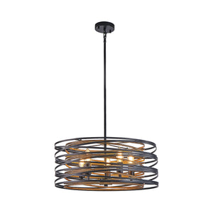 English Elm 20" Rustic Industrial Pendant Light—5-Light Black & Walnut Metal Cage Chandelier with Wood Accents for Kitchen Island and Dining Room W2312P368684