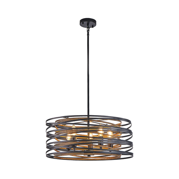 English Elm 20" Rustic Industrial Pendant Light—5-Light Black & Walnut Metal Cage Chandelier with Wood Accents for Kitchen Island and Dining Room W2312P368684