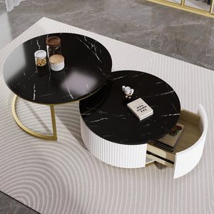 English Elm Modern Round Nesting Coffee Table Fluted with Drawer in Gold Finish — Elegant MDF Top, Space-Saving Design Black N735P254992B