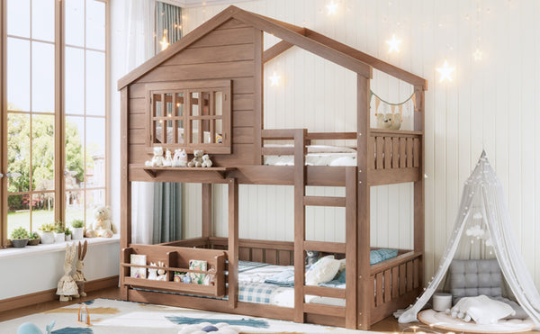 English Elm Full Bunk Bed with Trundle Bookshelf Storage Pine Frame Car Design for Kids W1580S00521
