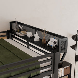 English Elm Queen Metal Loft Bed with Staircase Storage Foldable Desk and Built-in Charging W2580S00073